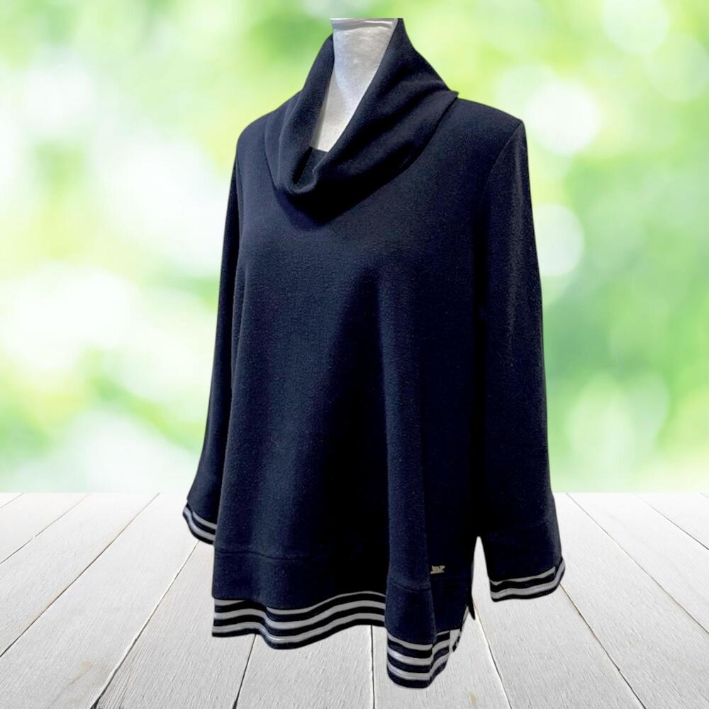 RAFAELLA Jersey Knit Tunic Cowl Neck Nautical Striped Trim Layered Navy Plus 2X